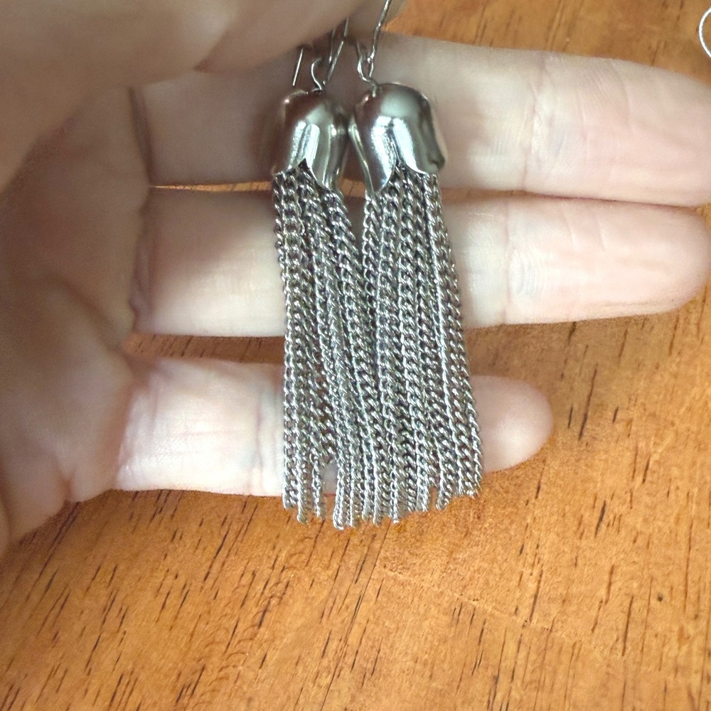 Silver Tone Multi Strand Chain Tassel Drop Earrings Kidney Wire Hook Dangle